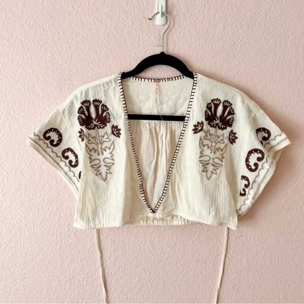 FREE People Kai Embroidered Cropped Top Pants Set Cream Brown Medium New - Picture 3 of 12